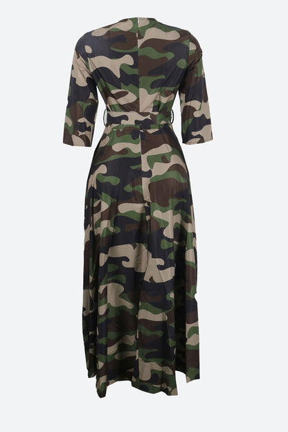 Print Crew Neck Half Sleeve Belted Dress