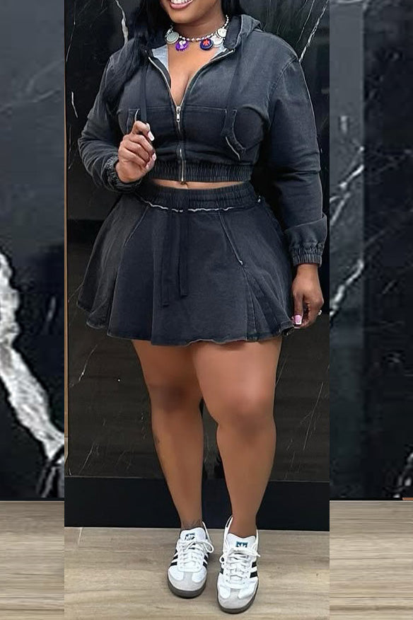 Casual Washed Denim Skirt Set