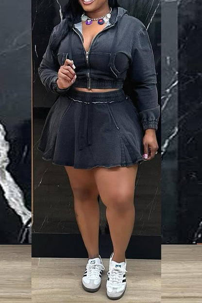 Casual Washed Denim Skirt Set