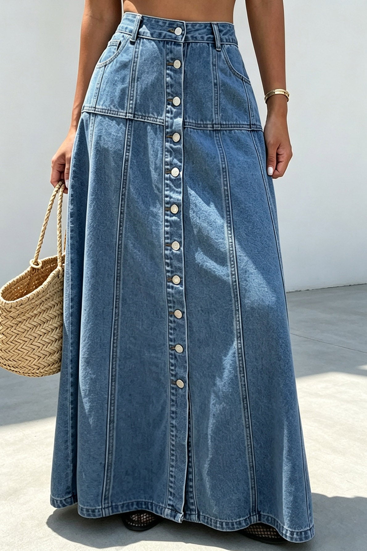 Button-Front A-Line Denim Maxi Skirt