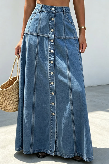 Button-Front A-Line Denim Maxi Skirt