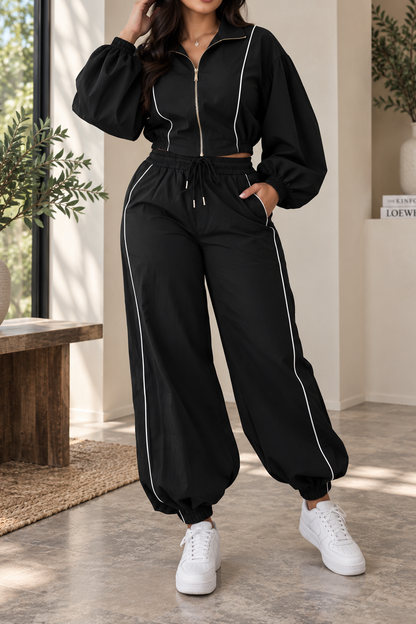 Piped Balloon Sleeve Tracksuit Set