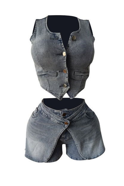 Stretch Denim Apron Shorts Set - Vest & Shorts