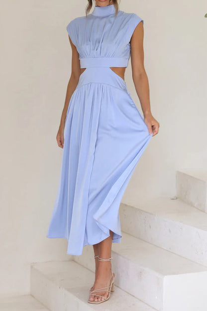 Mock Neck Cut Out Pleated Maxi Dress