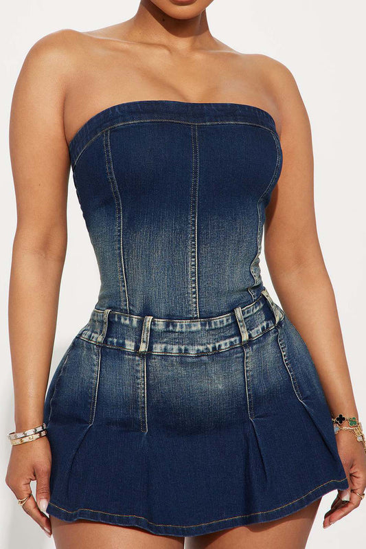 Pleated Denim Mini Dress