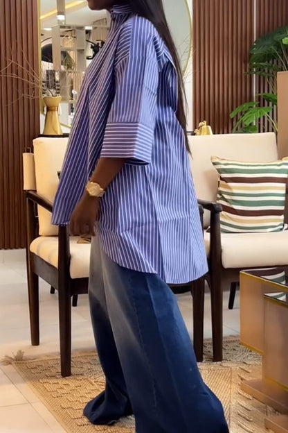 Blue Striped Loose Fit Long Sleeve Shirt