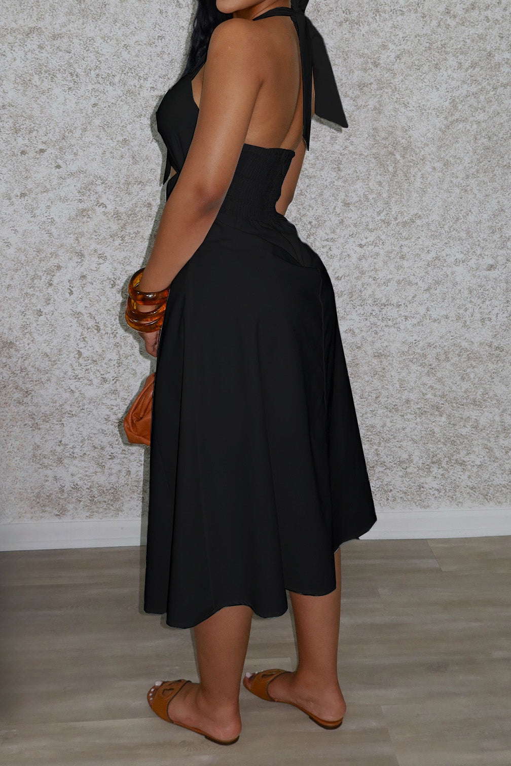 Solid Ruched Halter Dress with Knot Detail