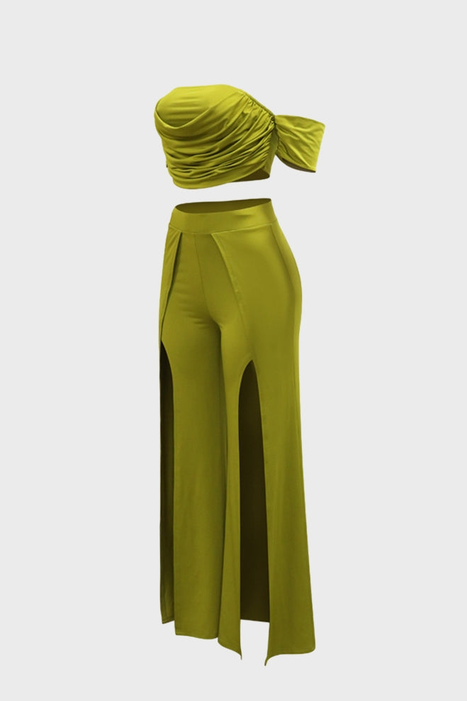 Strapless Top Slit Wide Leg Pant Sets