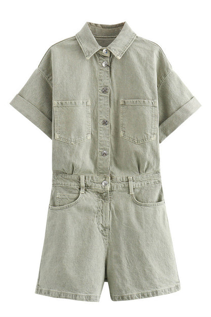 Denim Short Sleeve Romper with Pockets
