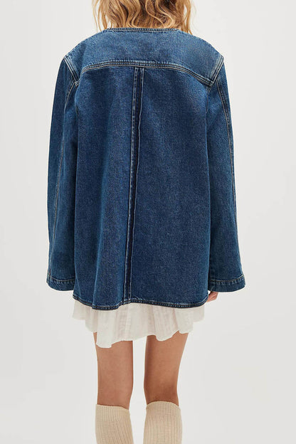 Collarless Button-Front Denim Jacket