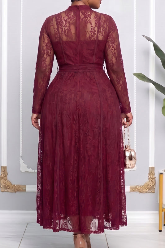 High-Neck Belted Lace Maxi Dress
