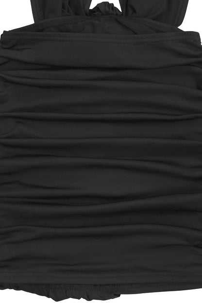 Plunging Halter Ruched Cutout Mini Dress