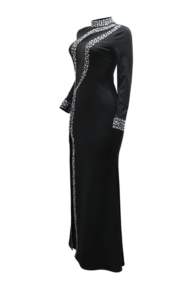 Rhinestone Embellished Mesh Illusion High Slit Maxi Dress