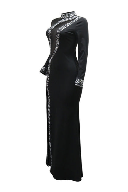 Rhinestone Embellished Mesh Illusion High Slit Maxi Dress