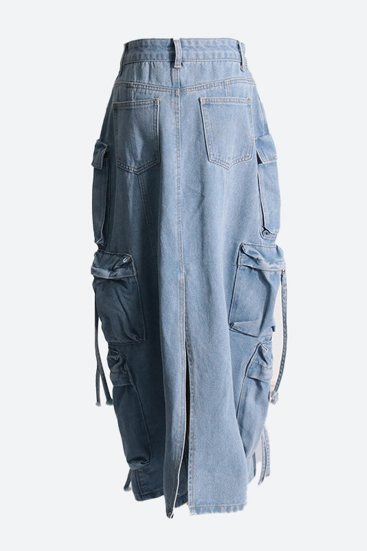 Blue Pocket Denim Midi Skirt