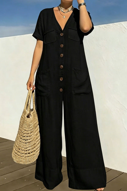 Plus Size Relaxed Button-Front Wide Leg Jumpsuit