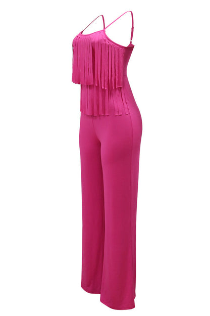 Solid Color Fringe Slim Jumpsuit