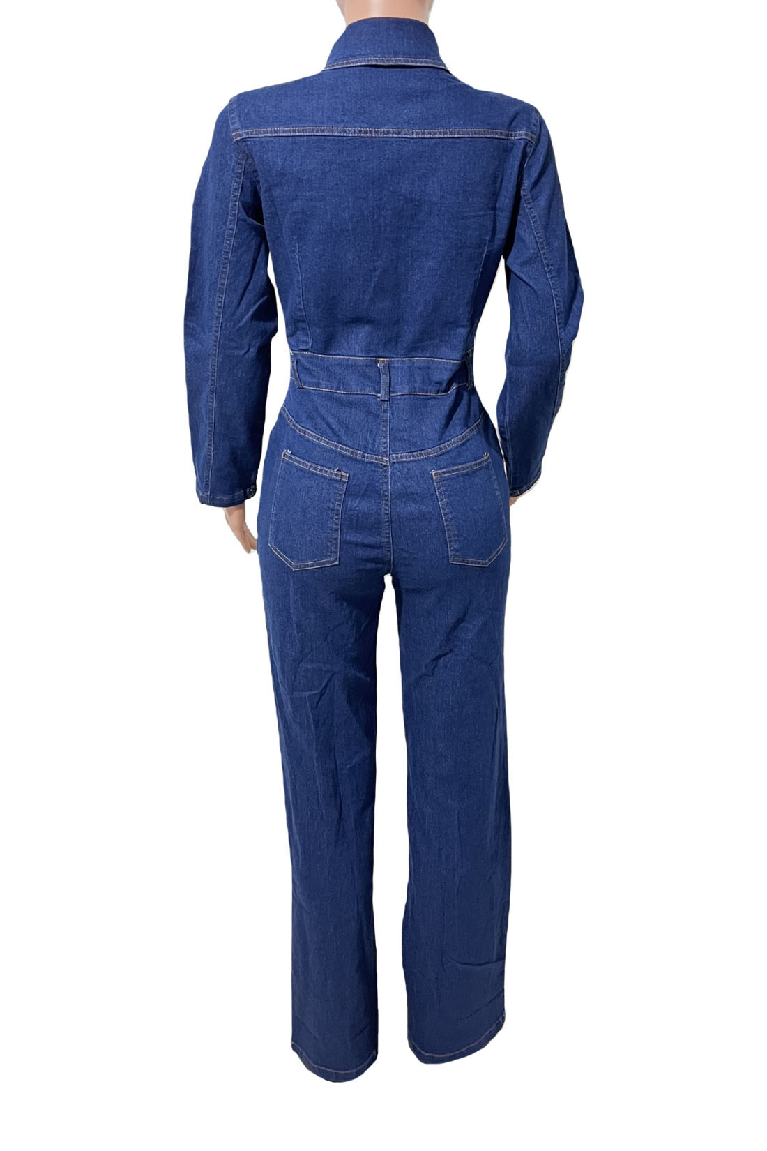 Stretch Flare Leg Long Sleeve Denim Jumpsuit