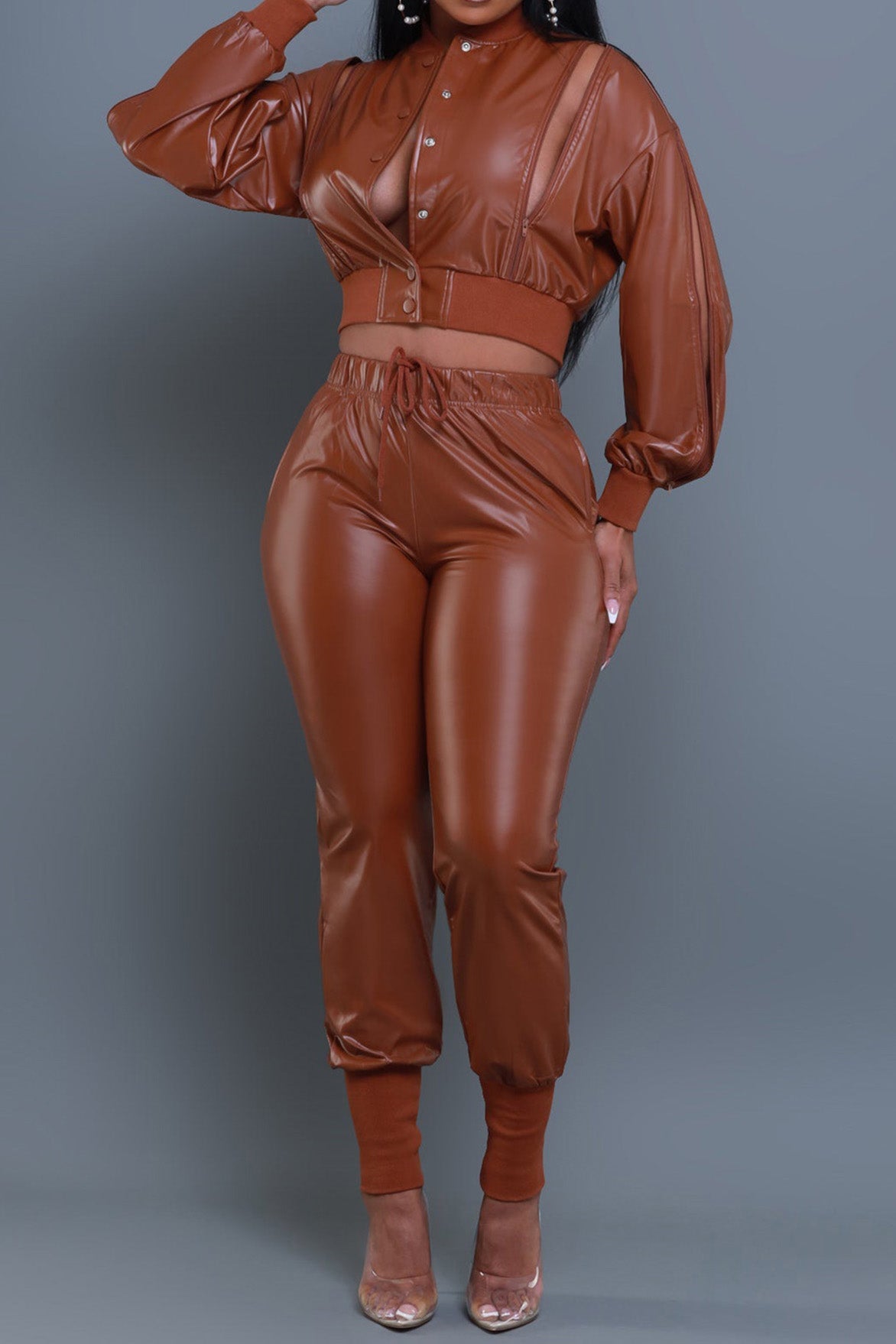 2-Piece Cutout Faux-Leather Bomber & Jogger Set