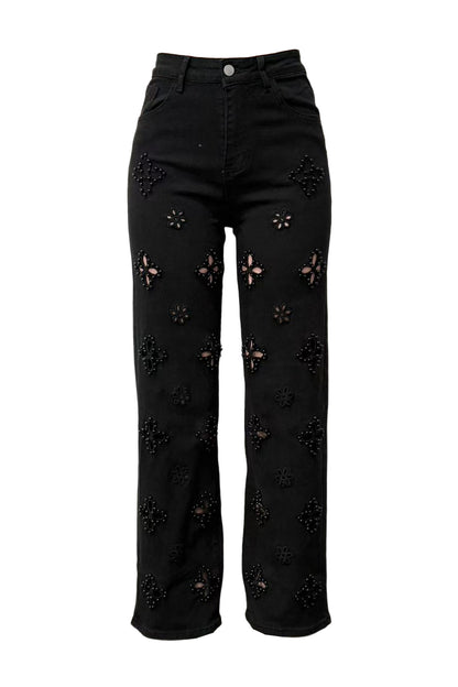 Pearl Embellished Floral Cutout Jeans