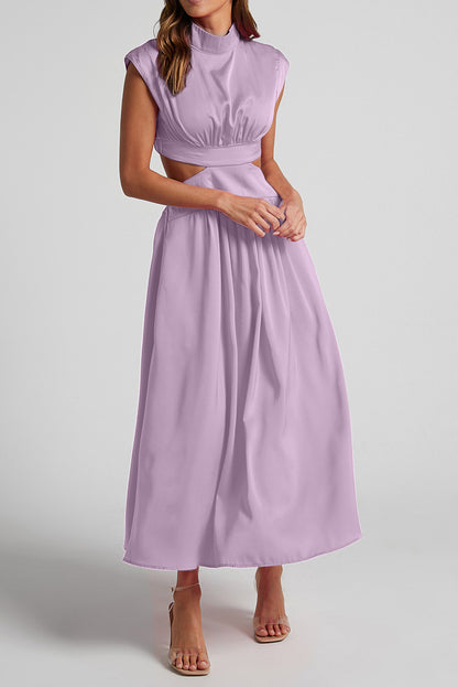 Mock Neck Cut Out Pleated Maxi Dress