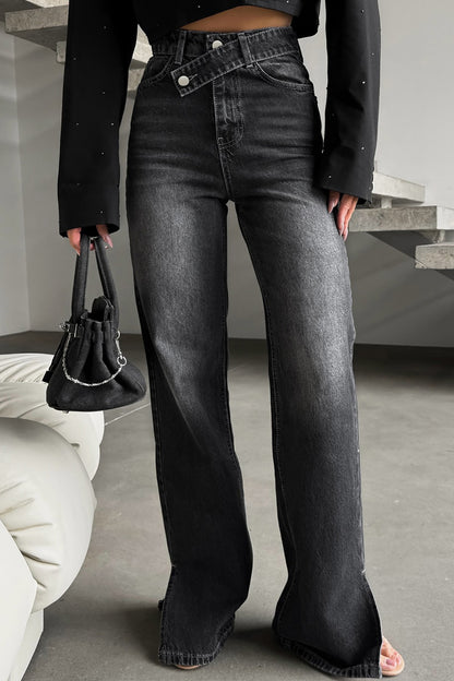 Asymmetric Cross-Waist Slit Hem Straight Jeans