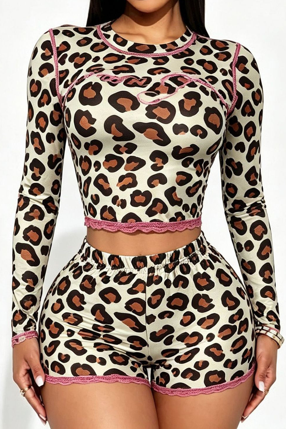 Leopard-Print Lettuce-Trim Top & Shorts Set