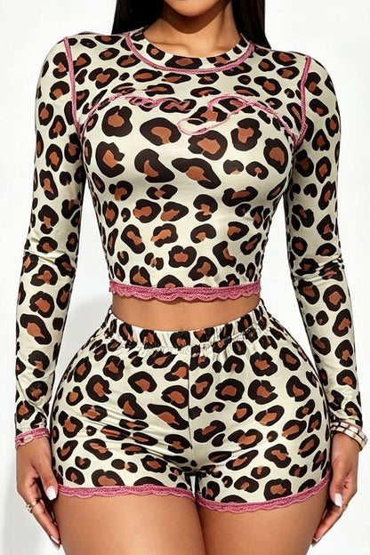 Leopard-Print Lettuce-Trim Top & Shorts Set