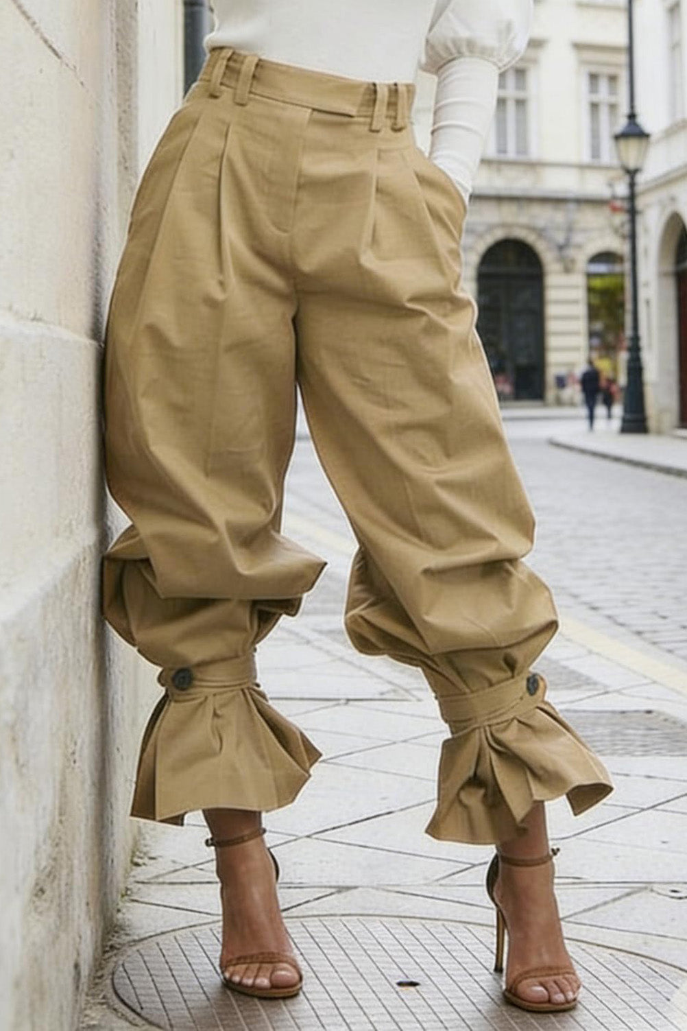 Pleated Ruffle-Cuff Balloon Trousers