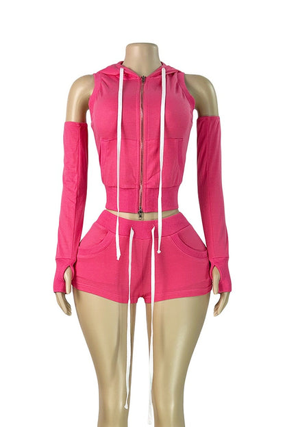 3-Piece Zip Hoodie Shorts & Sleeves Set