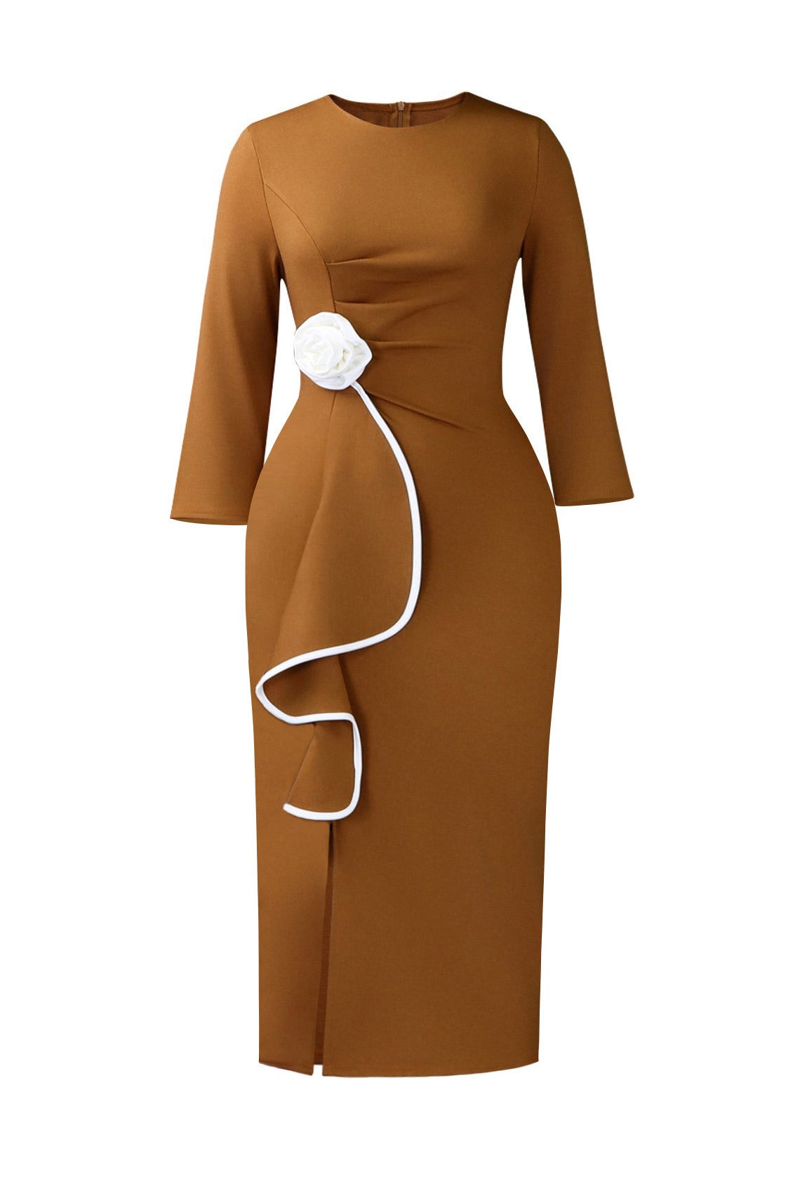 3D Floral Ruffle Pencil Midi Dress