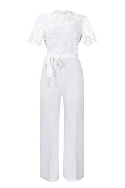 Lace Hollow Out Tie Waist Wide Leg Jumpsuit