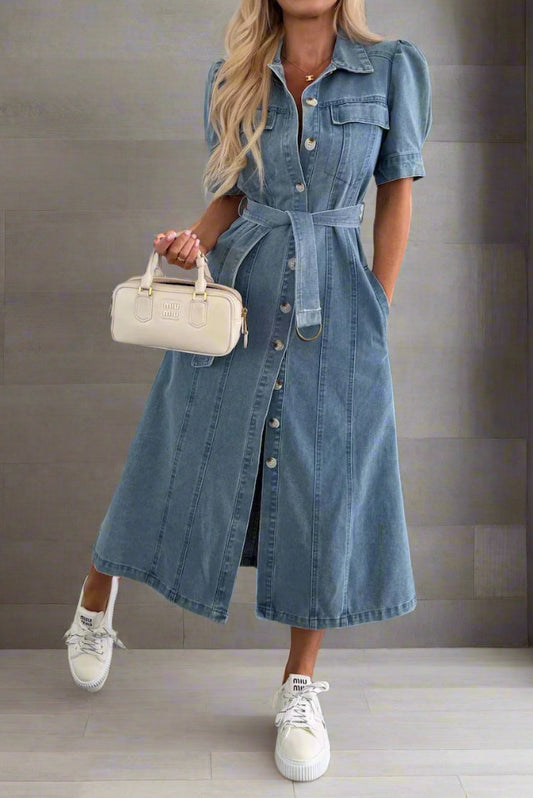 Button Front Belted Denim Midi Dress