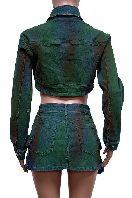 Cropped Denim Jacket and Cargo Skirt Set