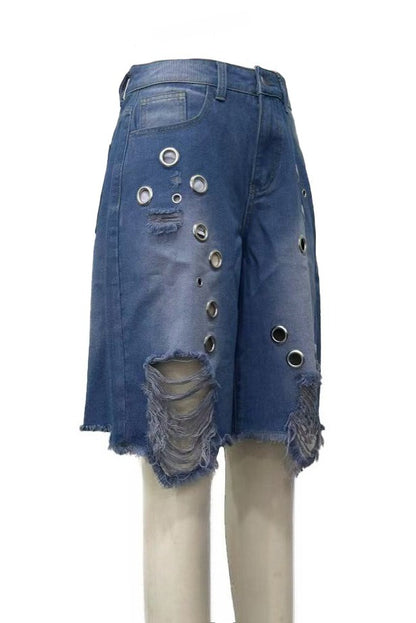 Distressed Eyelet Denim Shorts