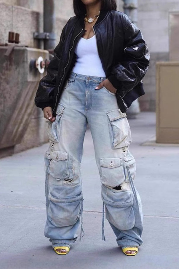 Distressed Cargo Jeans with Multi Pockets