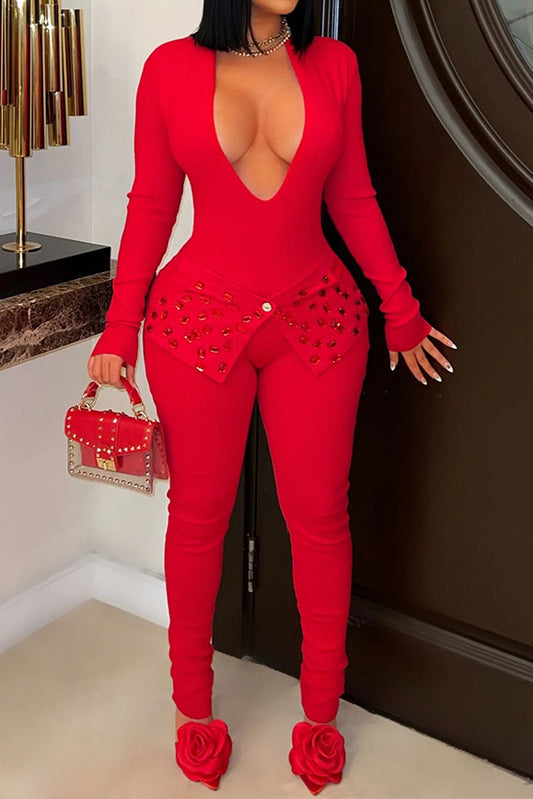 V-Neck Rhinestone Jumpsuit