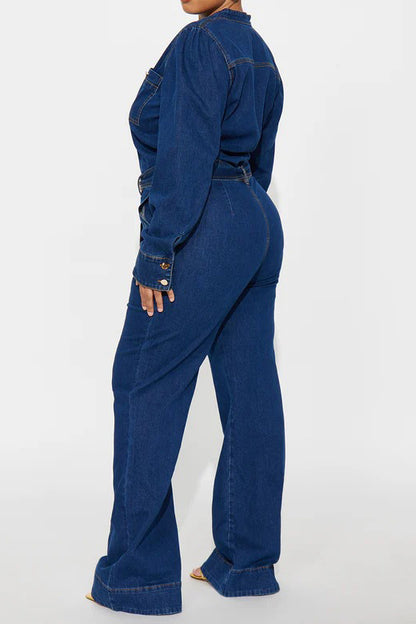 Long-Sleeve Wide-Leg Denim Jumpsuit