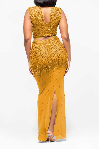 Sheer Rhinestone Mesh Maxi Skirt Set