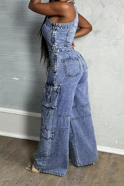 One Shoulder Stretch Denim Jumpsuit