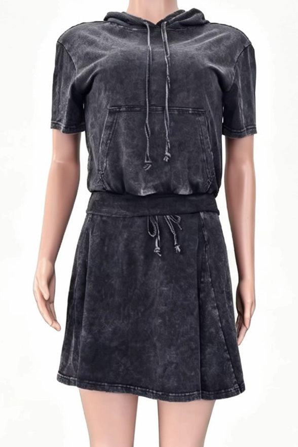 Mineral Wash Short Sleeve Hoodie & Skater Skirt Set