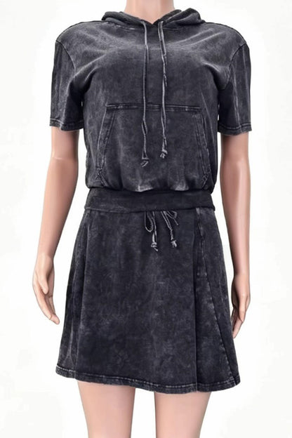 Mineral Wash Short Sleeve Hoodie & Skater Skirt Set