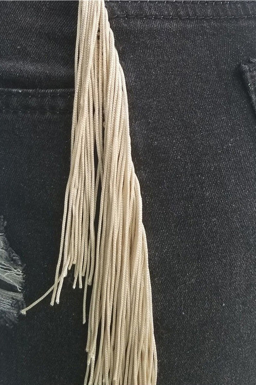 High-Rise Fringe Trim Distressed Skinny Jeans