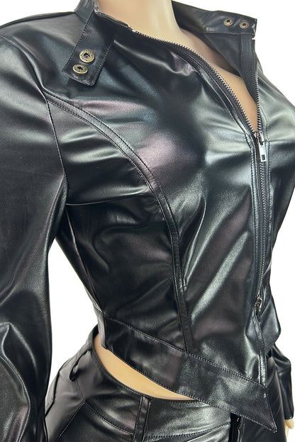 Leather Stand Collar Zip Jacket and Shorts Set