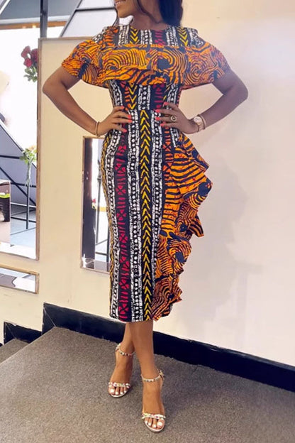 Print Contrast Ruffle Back-Vent Dress