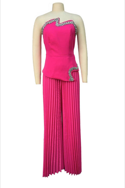 Strapless Rhinestone Top & Pleated Pants Set