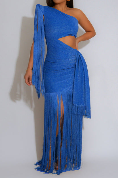 Shimmer One Shoulder Fringe Cutout Maxi Dress