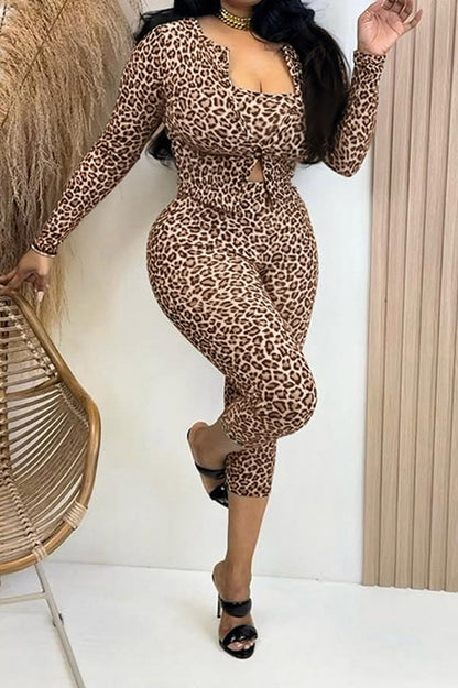 Leopard Crop Top, Cardigan & Capri Pants Set