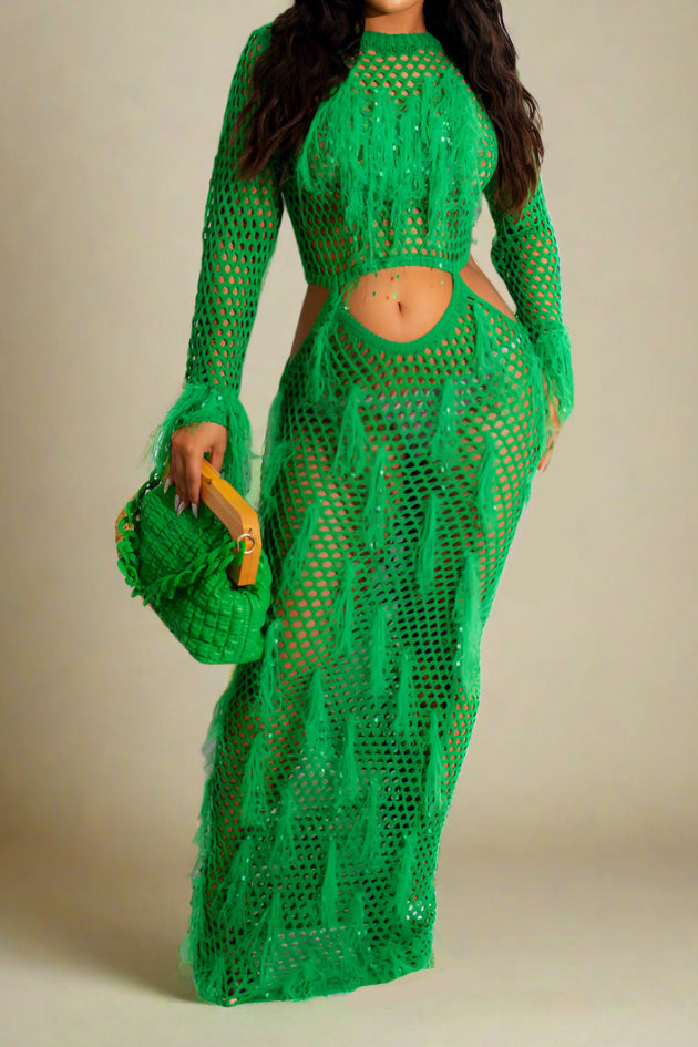 Fringe Knitting Hollow Long Dress