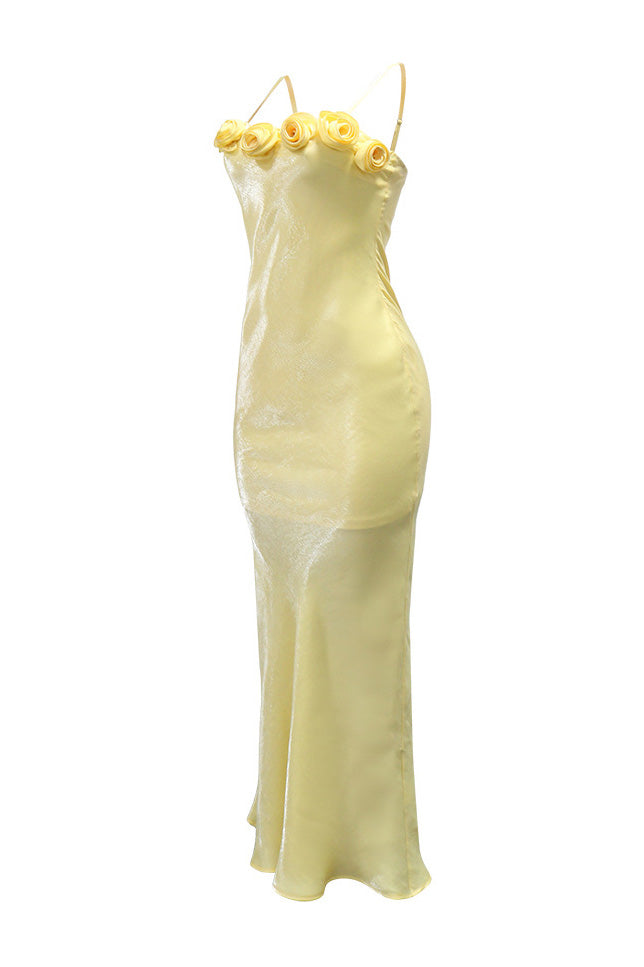 3D Floral Rosette Satin Maxi Dress
